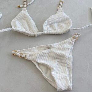 PQ Swim White Textured Triangle Bikini with Gold Ring Accents